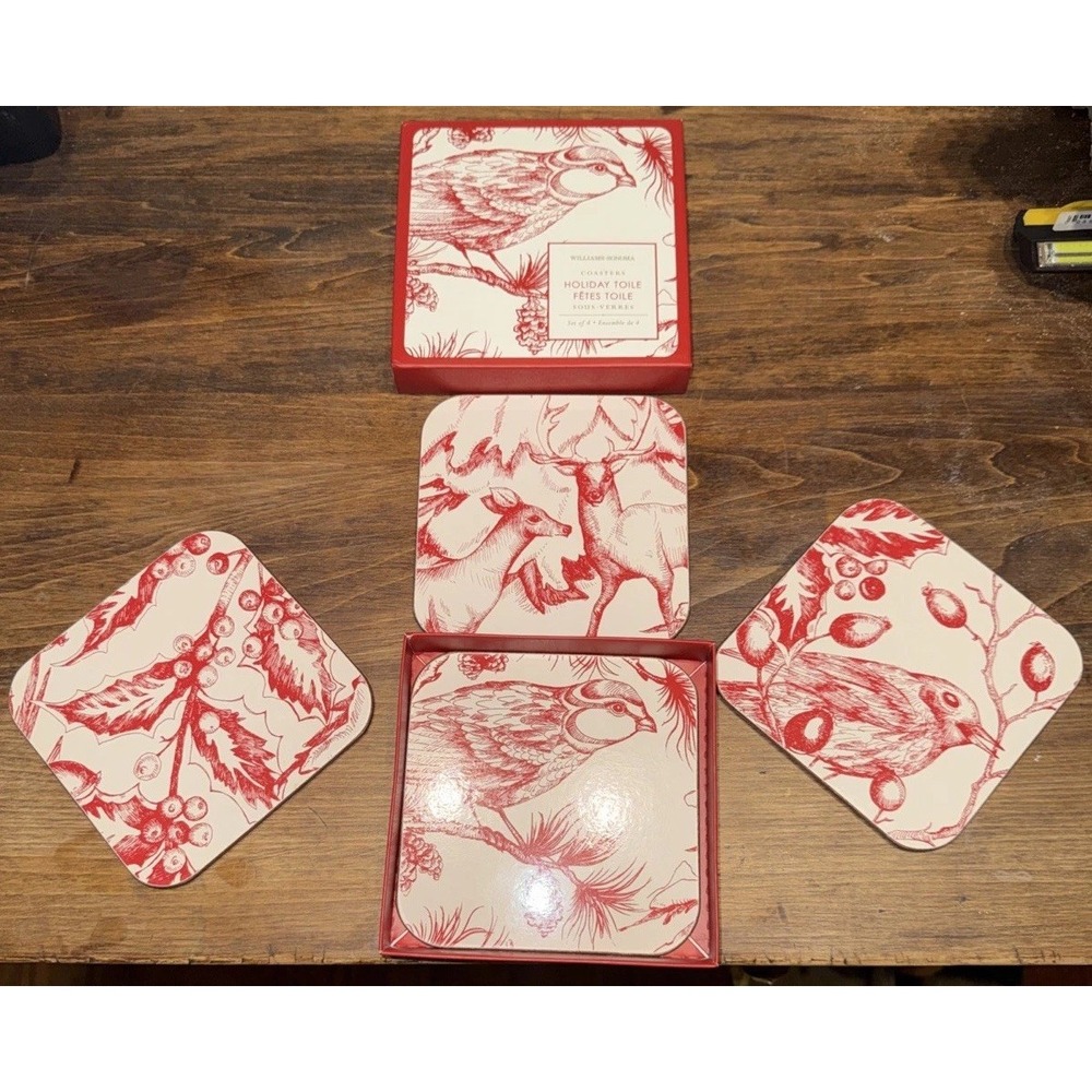Set of 4 Williams Sonoma Coasters Botanical Holiday Toile Backed 4" New